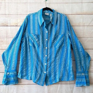 Chico's Size 3 (XL) Stripe Shirt Blue Silk Linen Blend Curved Hem Long Sleeve.